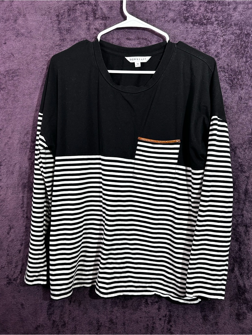 DownEast Black and White Striped Long Sleeve Pocket Tee with Brown Accent
